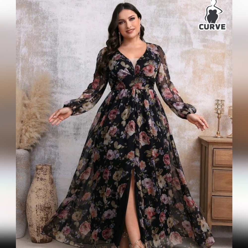 SHEIN Black Floral Long Sleeve Dress